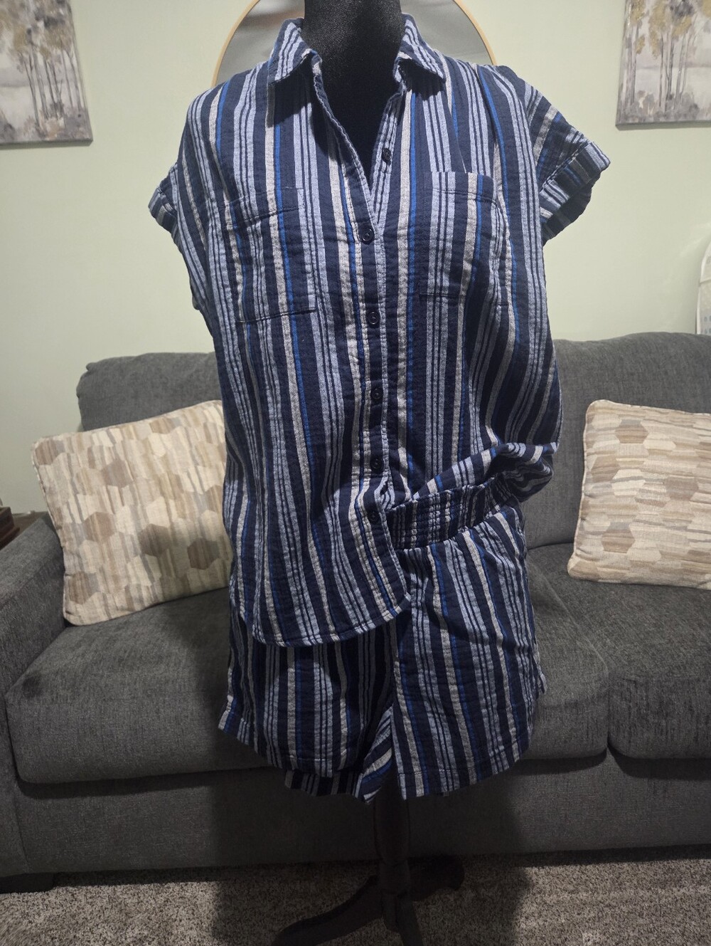 Wonderly Blue and Gray Striped Short Sleeve Button-Up Top And Matching Shorts.